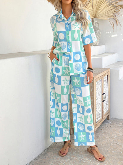 Matching Vacation Set - Casual Bohemian Holiday Style Contrast Print Wide Leg Trousers Set