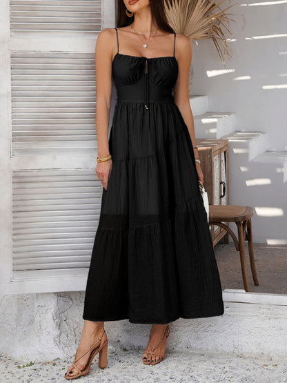 Casual Dresses - Holiday style solid color high waist suspender dress