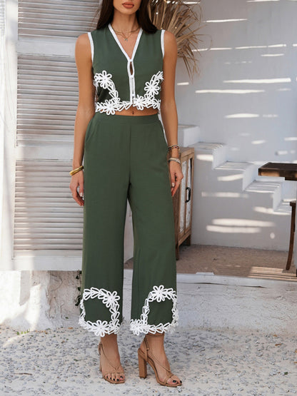 Matching Vacation Set - Holiday-inspired Bohemian geometric contrast trouser suit