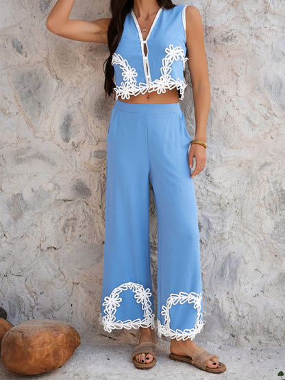 Matching Vacation Set - Holiday-inspired Bohemian geometric contrast trouser suit