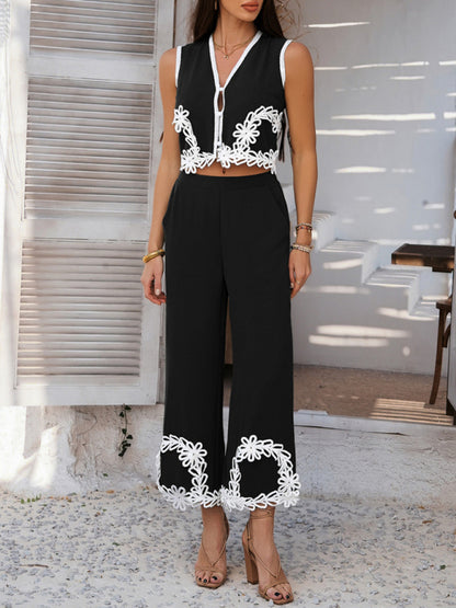 Matching Vacation Set - Holiday-inspired Bohemian geometric contrast trouser suit