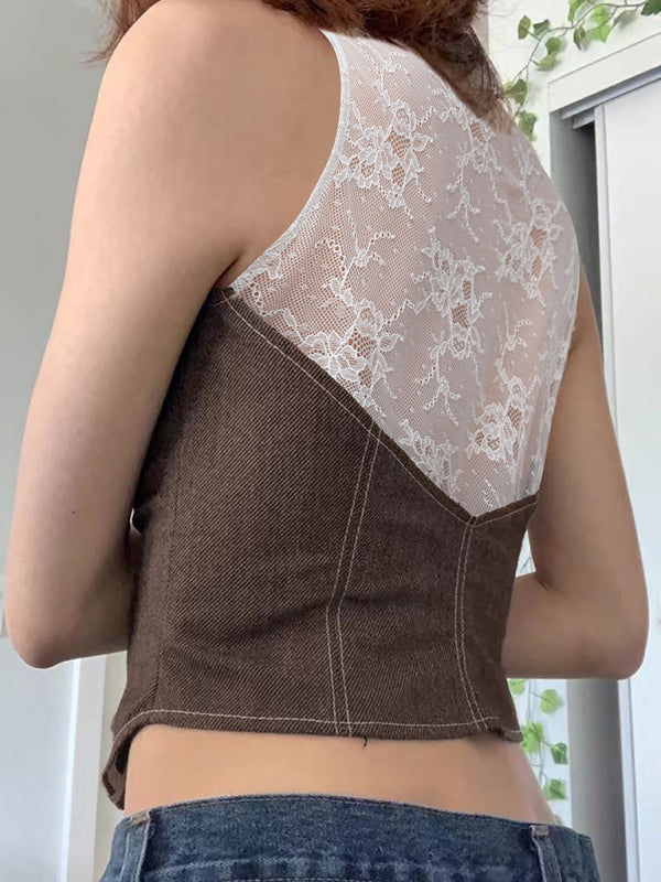 Vests - Sexy Hot Girl Button Cardigan Spliced Lace Halter Top Vest