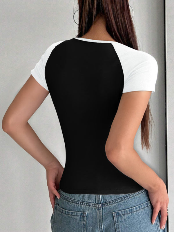T-Shirts - Y2K Sexy Slim Fit U-Neck Contrast Color Short Sleeve Top Women's T-Shirt