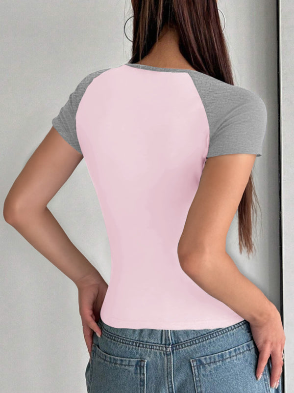 T-Shirts - Y2K Sexy Slim Fit U-Neck Contrast Color Short Sleeve Top Women's T-Shirt