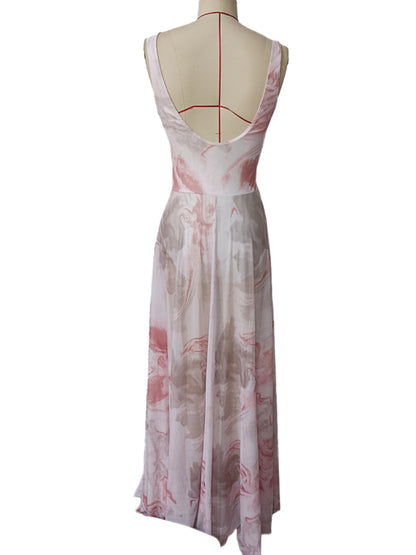 Cocktail Dresses - V-neck suspenders mesh print semi-transparent V-neck long dress