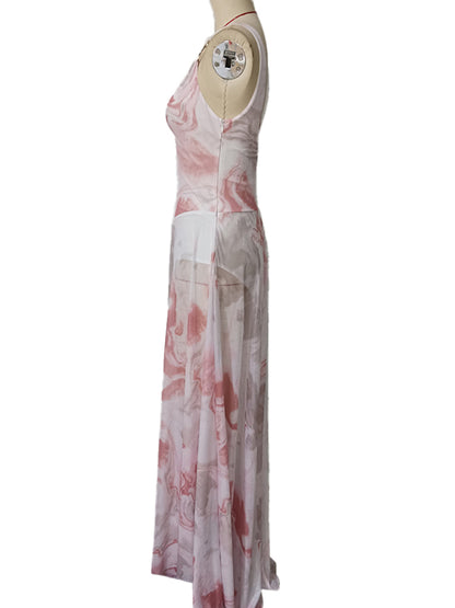 Cocktail Dresses - V-neck suspenders mesh print semi-transparent V-neck long dress