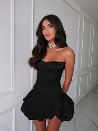 Strapless Dresses - Sexy Slim Fit Tube Top Gathered A-Line Dress