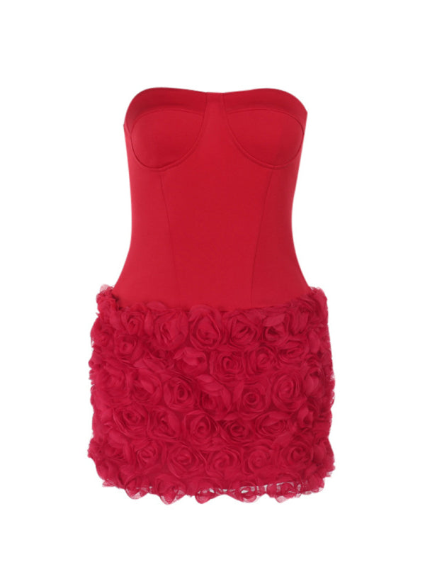 Strapless Dresses - Sexy 3D Flower Texture Tube Top Dress