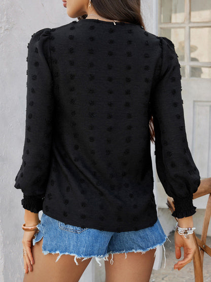 Blouses - Casual holiday style solid color jacquard olive long sleeve shirt
