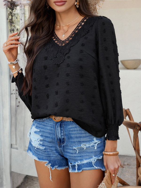 Blouses - Casual holiday style solid color jacquard olive long sleeve shirt