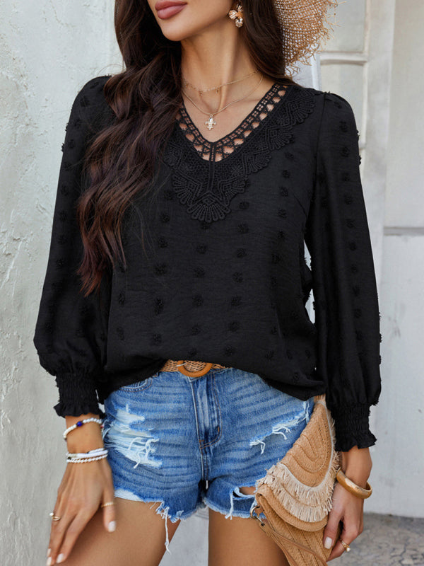 Blouses - Casual holiday style solid color jacquard olive long sleeve shirt