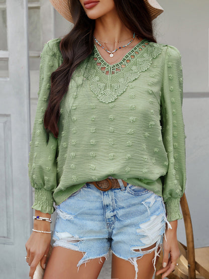 Blouses - Casual holiday style solid color jacquard olive long sleeve shirt