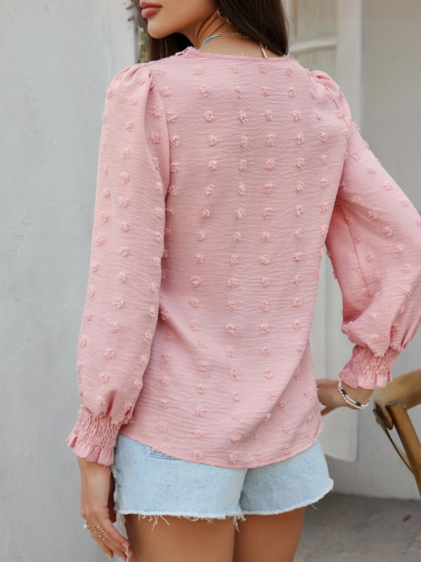 Blouses - Casual holiday style solid color jacquard olive long sleeve shirt