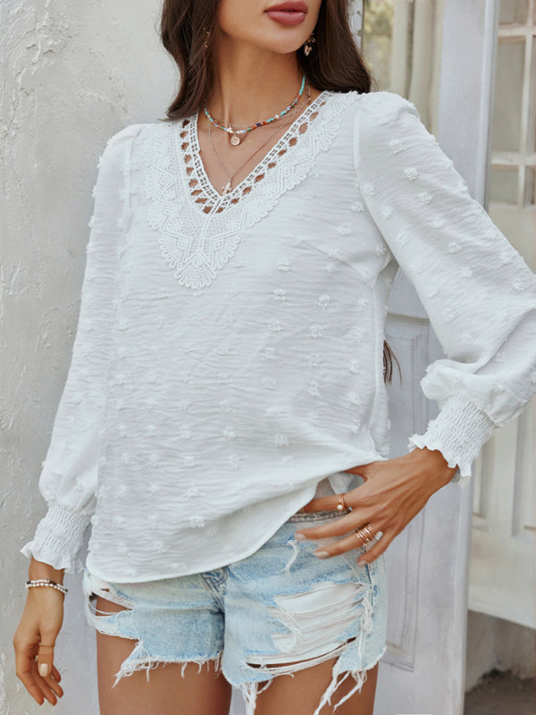 Blouses - Casual holiday style solid color jacquard olive long sleeve shirt