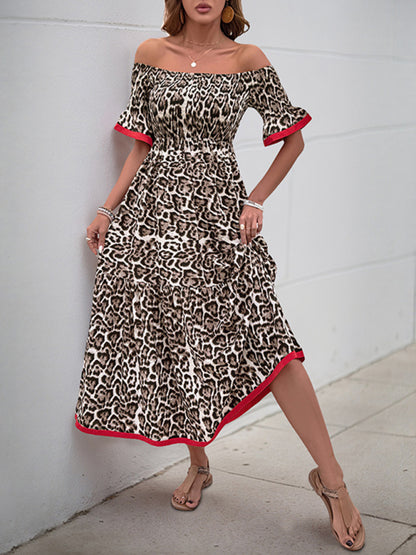 Casual Dresses - Leopard print dress with ruffled sleeves and boat neckline