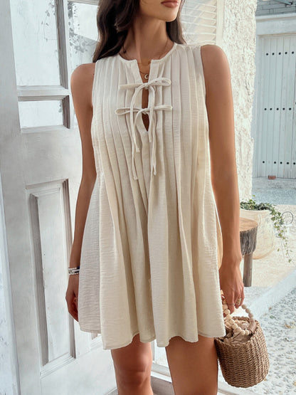 Casual Dresses - Casual holiday style solid color lace up pleated sleeveless dress