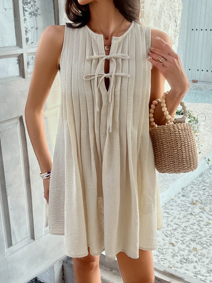 Casual Dresses - Casual holiday style solid color lace up pleated sleeveless dress
