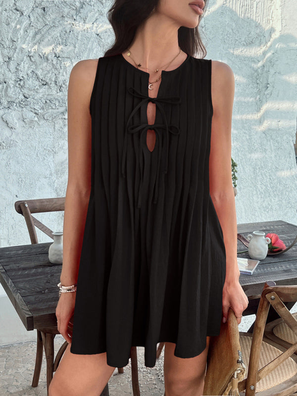 Casual Dresses - Casual holiday style solid color lace up pleated sleeveless dress