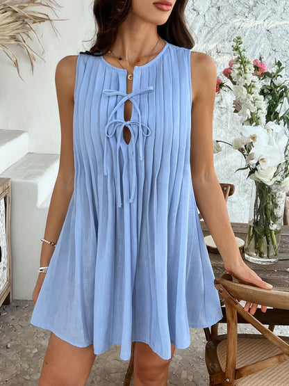 Casual Dresses - Casual holiday style solid color lace up pleated sleeveless dress