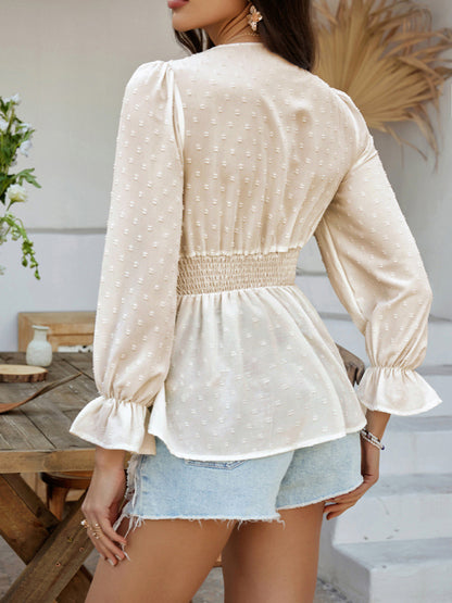 Blouses - Casual holiday style V-neck solid color tie waist top shirt