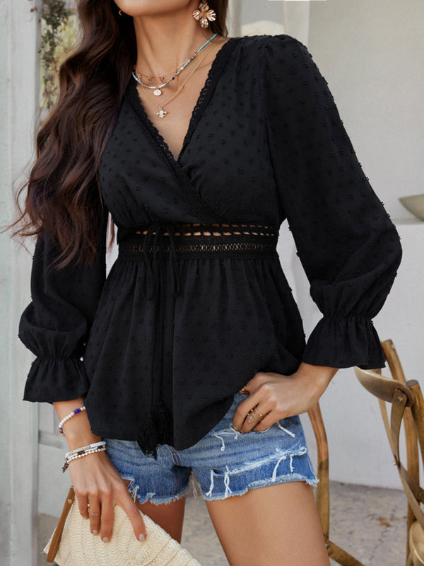 Blouses - Casual holiday style V-neck solid color tie waist top shirt