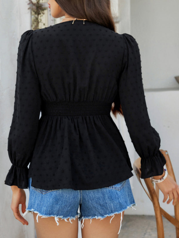 Blouses - Casual holiday style V-neck solid color tie waist top shirt