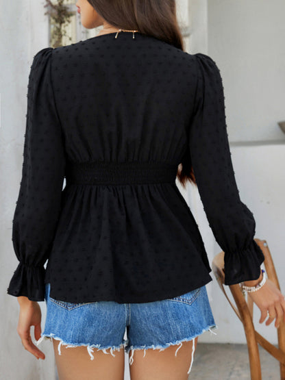 Blouses - Casual holiday style V-neck solid color tie waist top shirt
