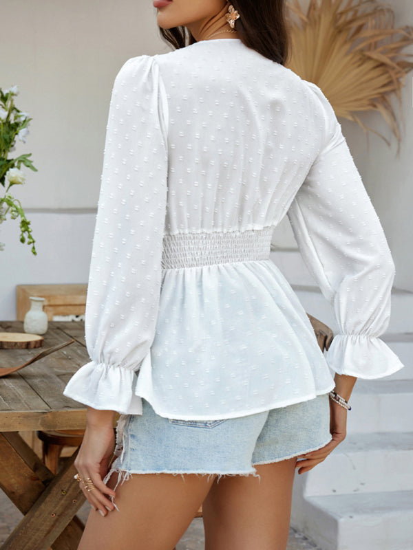 Blouses - Casual holiday style V-neck solid color tie waist top shirt