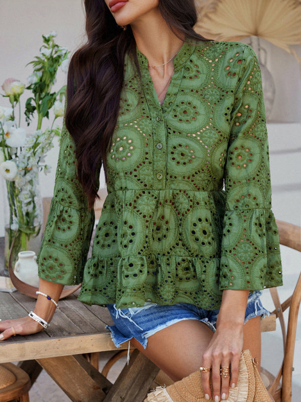 Blouses - Solid color hollow v-neck three-quarter sleeve shirt