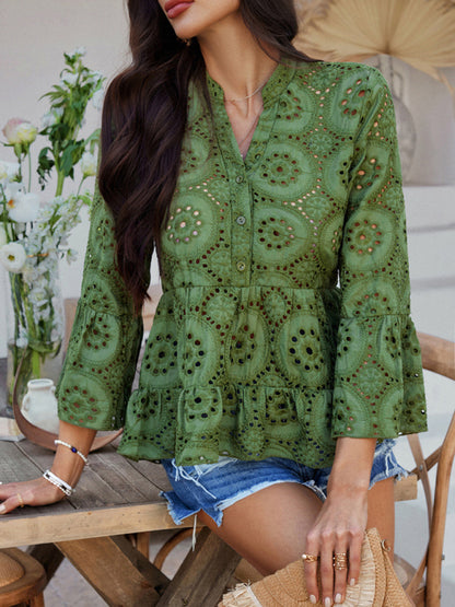 Blouses - Solid color hollow v-neck three-quarter sleeve shirt