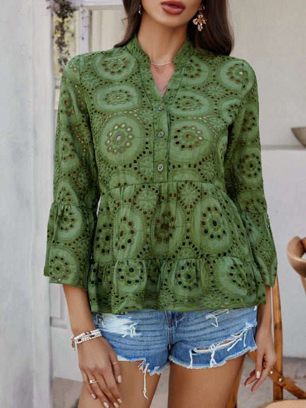 Blouses - Solid color hollow v-neck three-quarter sleeve shirt