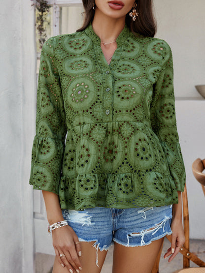 Blouses - Solid color hollow v-neck three-quarter sleeve shirt