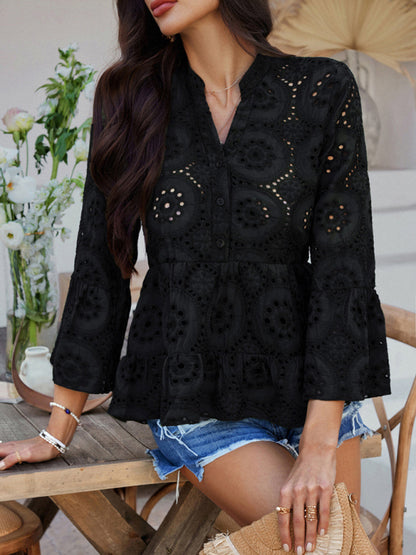 Blouses - Solid color hollow v-neck three-quarter sleeve shirt