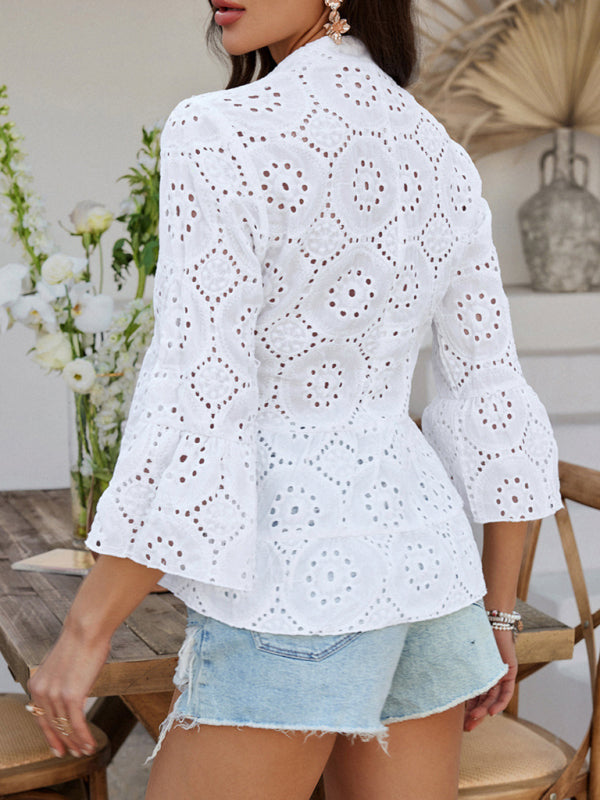 Blouses - Solid color hollow v-neck three-quarter sleeve shirt
