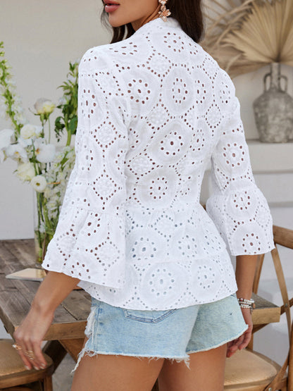 Blouses - Solid color hollow v-neck three-quarter sleeve shirt