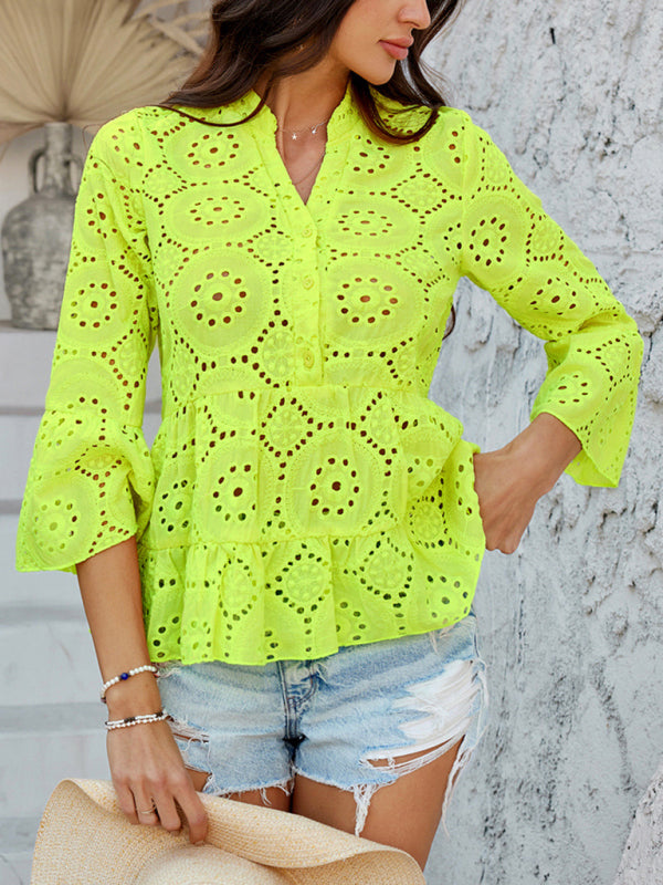 Blouses - Solid color hollow v-neck three-quarter sleeve shirt