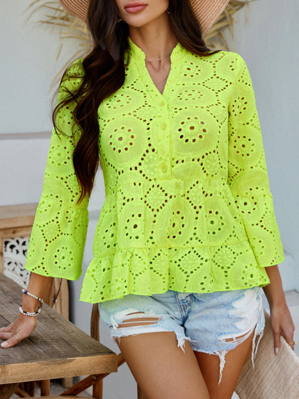 Blouses - Solid color hollow v-neck three-quarter sleeve shirt