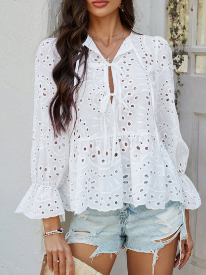 Blouses - Vacation Loose Lace-up Cardigan Solid Color Hollow Top