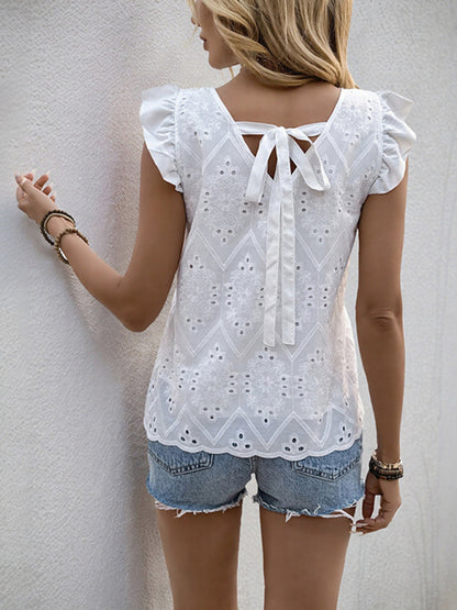 Blouses - Lotus leaf flying sleeves V-neck shirt hollow tie shirt