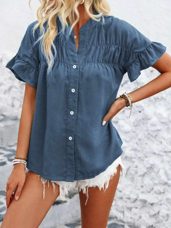 Casual short-sleeved gathered shirt solid color stand collar shirt