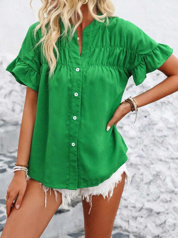 Casual short-sleeved gathered shirt solid color stand collar shirt