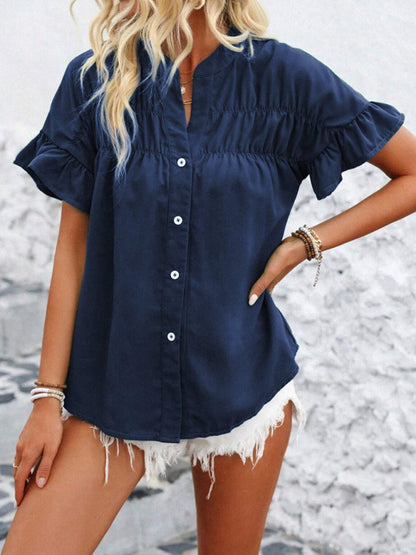 Casual short-sleeved gathered shirt solid color stand collar shirt