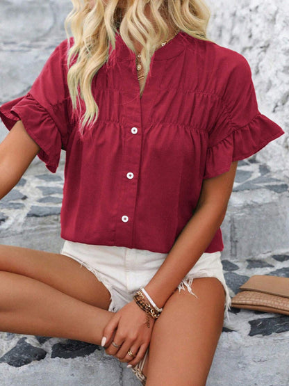Casual short-sleeved gathered shirt solid color stand collar shirt