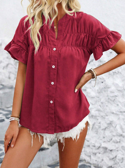 Casual short-sleeved gathered shirt solid color stand collar shirt
