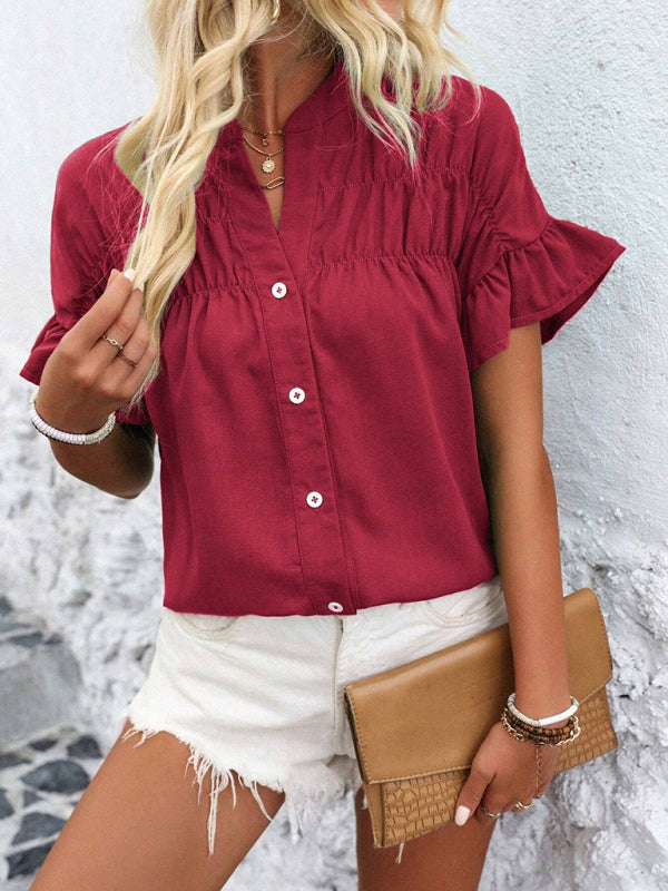 Casual short-sleeved gathered shirt solid color stand collar shirt