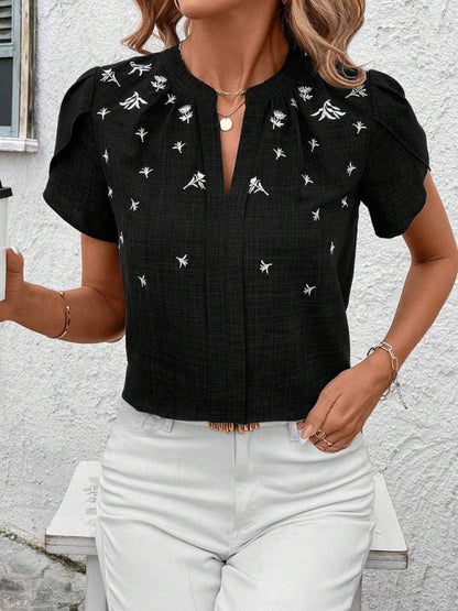 Blouses - Half-open collar short-sleeved shoulder wrinkled pullover solid color printed shirt