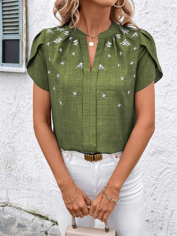 Blouses - Half-open collar short-sleeved shoulder wrinkled pullover solid color printed shirt