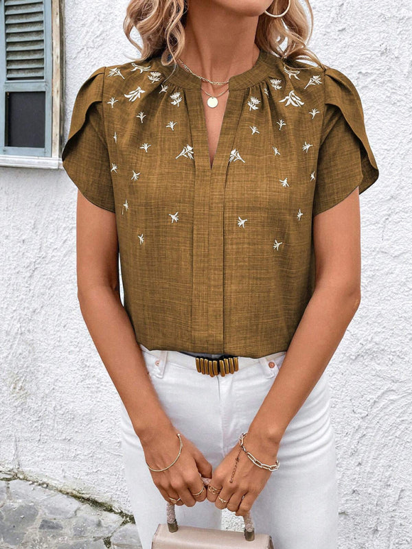 Blouses - Half-open collar short-sleeved shoulder wrinkled pullover solid color printed shirt
