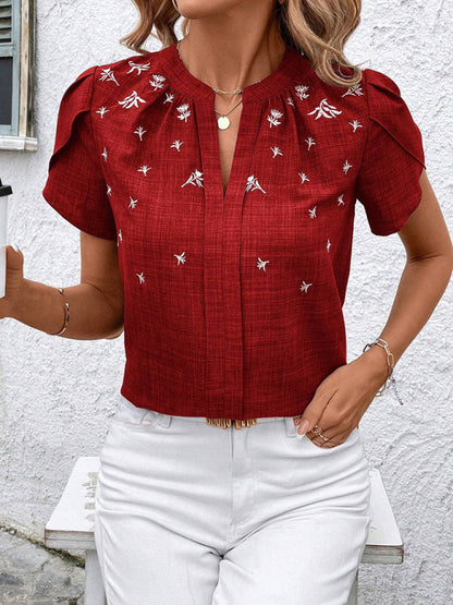 Blouses - Half-open collar short-sleeved shoulder wrinkled pullover solid color printed shirt