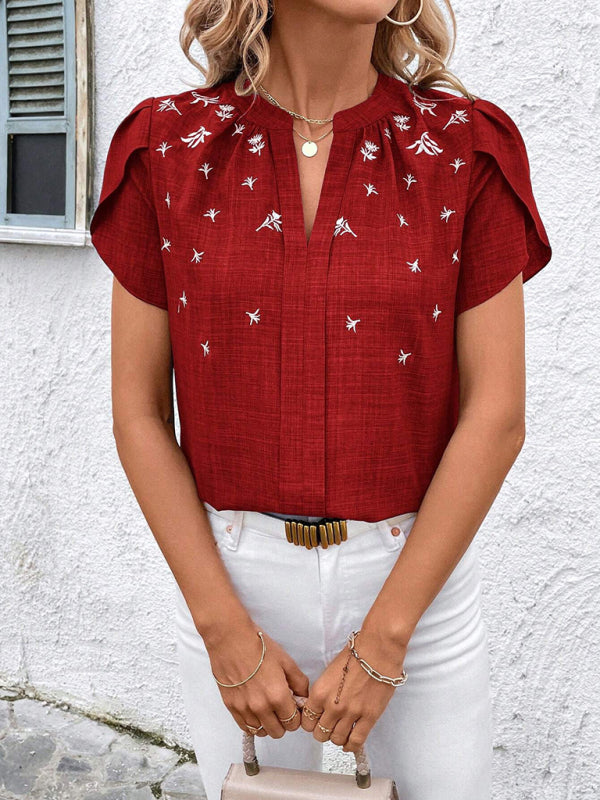Blouses - Half-open collar short-sleeved shoulder wrinkled pullover solid color printed shirt